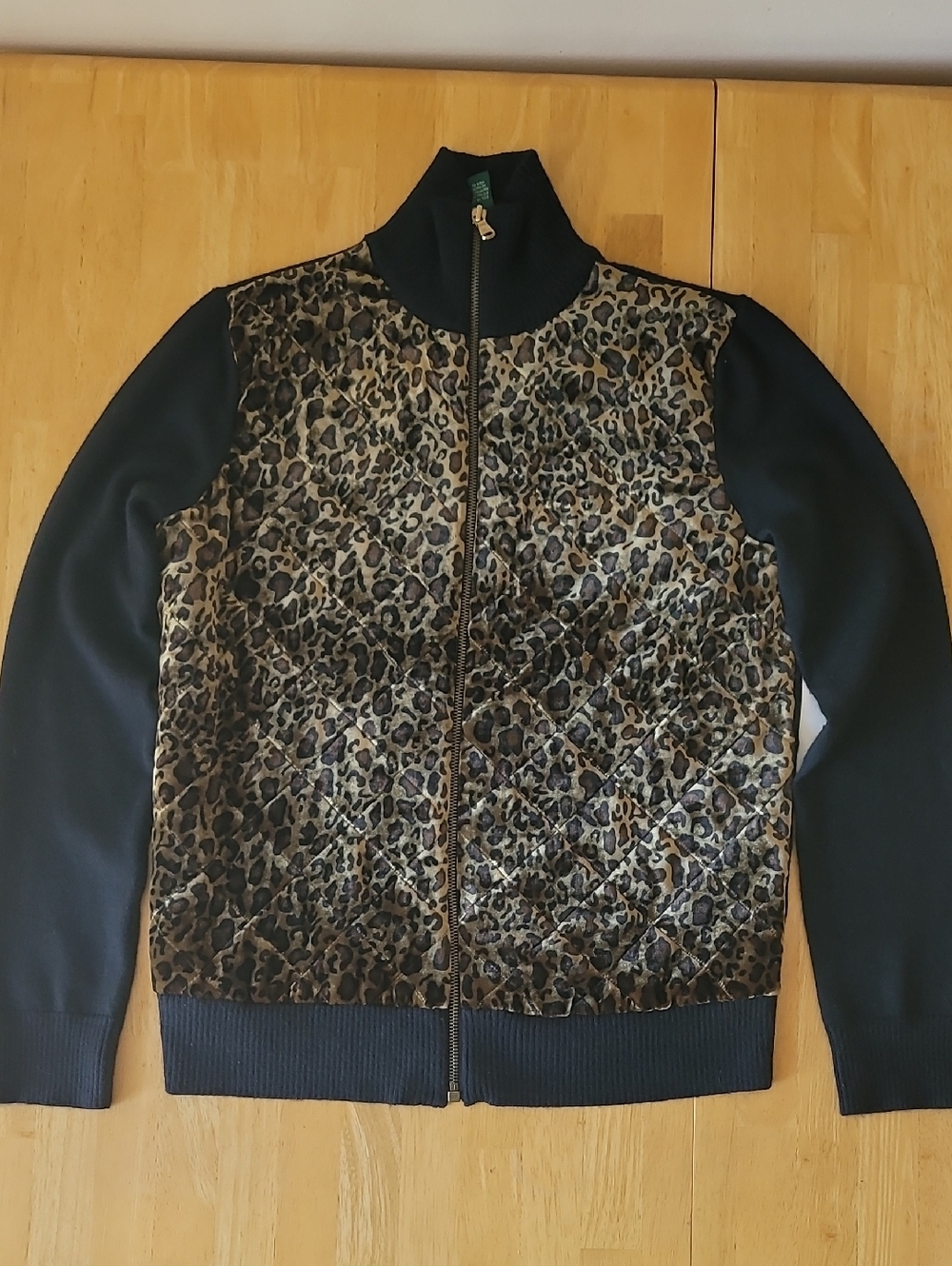 Lauren Ralph Lauren Leopard Print Quilted Velvet Wool Silk Blend Sweater Jacket